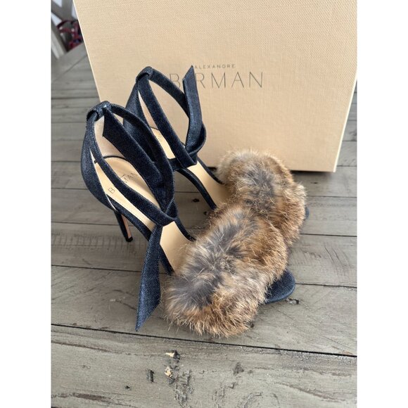 Alexandre Birman Clarita 100 Rabbit Fur Denim Sandals Heels Tie Size 36 6 - Picture 4 of 10